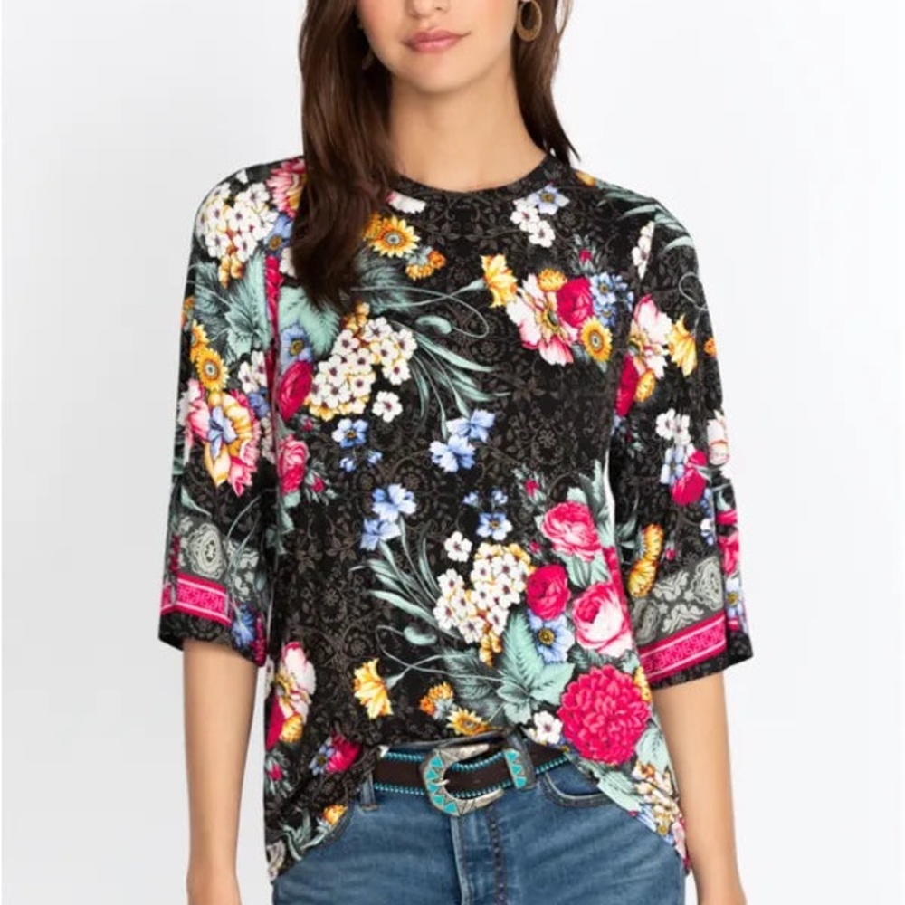 Johnny Was Black Floral Print Blouse with Pink & Yellow Accents